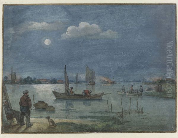 Moonlit River Landscape with Fishermen Oil Painting by Hendrick Avercamp