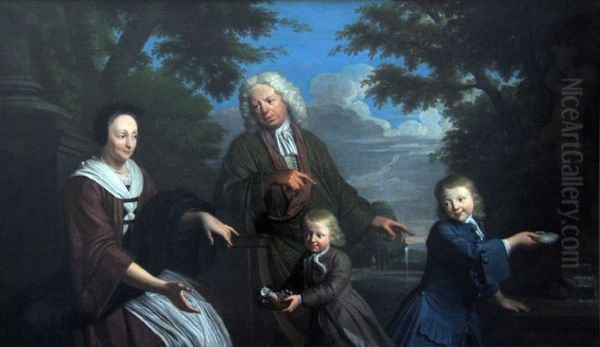 Family portrait of Gozewijn Centen (....-1744), Maria van de Rijp (....-1763) and their children Jan Centen and Job Rijp-Centen Oil Painting by Krzysztof Lubieniecki