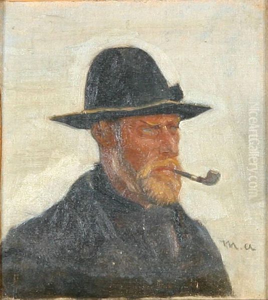 A fisherman smoking a pipe. Oil Painting by Michael Peter Ancher