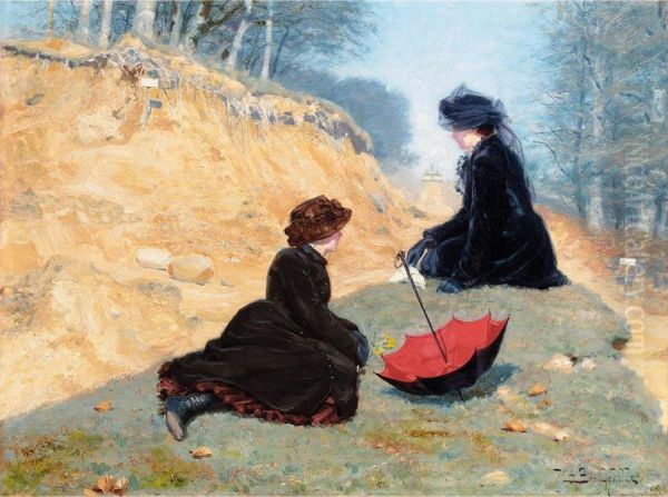 Two girls resting on a path. Oil Painting by H. A. Brendekilde