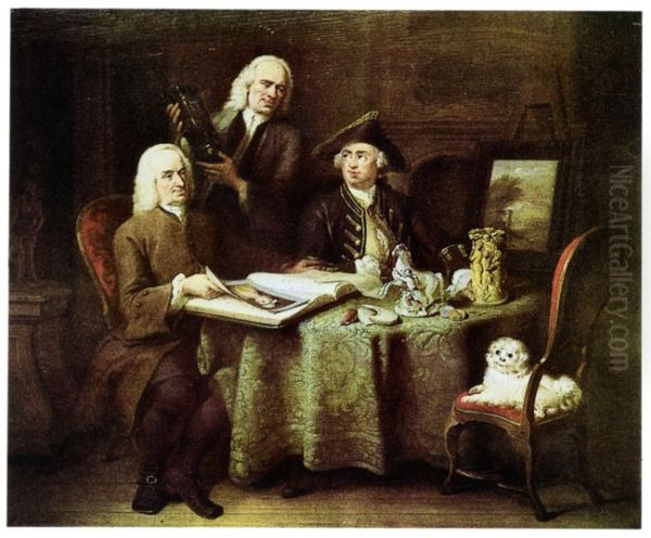 Portrait of Jan Bisschop (1680-1771), Pieter Bisschop (1691-1758) and Olivier van Vlierden Hope (1731-1783) Oil Painting by Aert Schouman