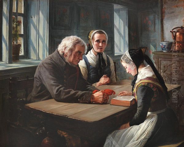 A young girl reads out the Bible, the grandparents listen devoutly. Oil Painting by Elisabeth Baumann