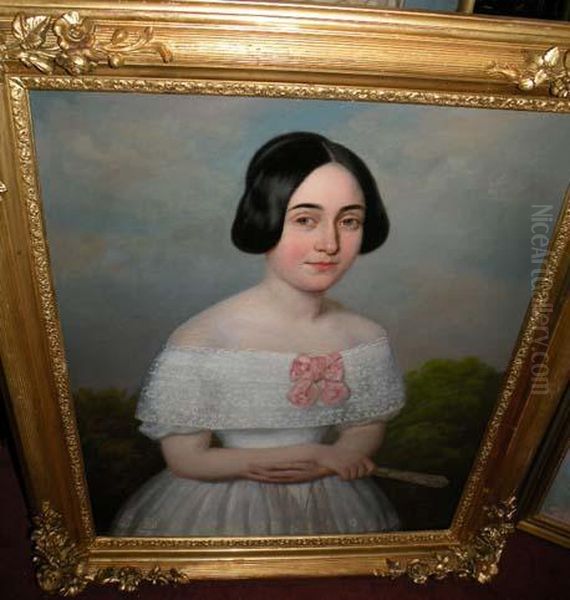 Portrait De Femme A La Robe Blanche Oil Painting by Rene Cadeau