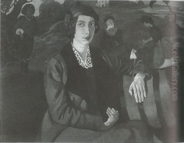 Portrait of Eugenia Dunin-Borkowska, with paintings in the background Oil Painting by Stanislaw Ignacy Witkiewicz