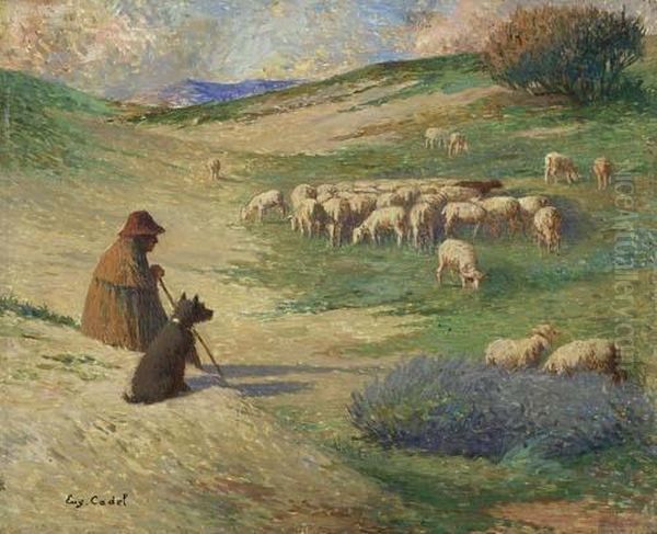 Hirte Mit Hund Und Schafherde. Oil Painting by Eugene Cadel