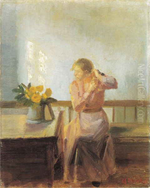 Sitting woman, plaiting her hair Oil Painting by Anna Ancher