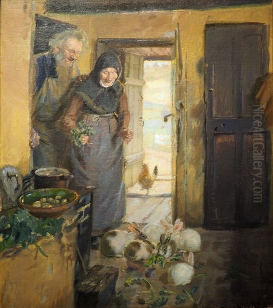 Altes Paar mit Hasen. Oil Painting by Anna Ancher