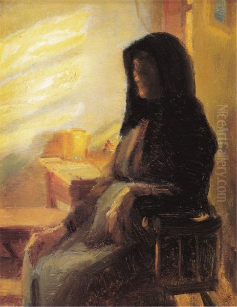 En blind kone i sin stue. Studie Oil Painting by Anna Ancher