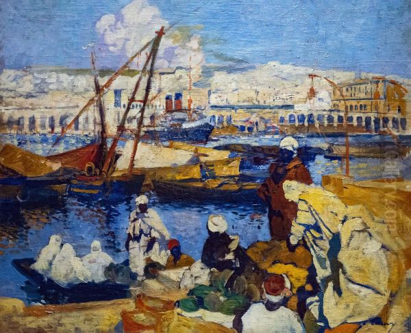 Embarquement au port d'Alger Oil Painting by Leon Cauvy