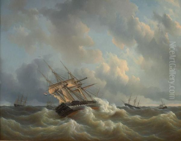 Het eskader van prins Hendrik der Nederlanden met slecht weer in het Kanaal Oil Painting by Petrus Johannes Schotel