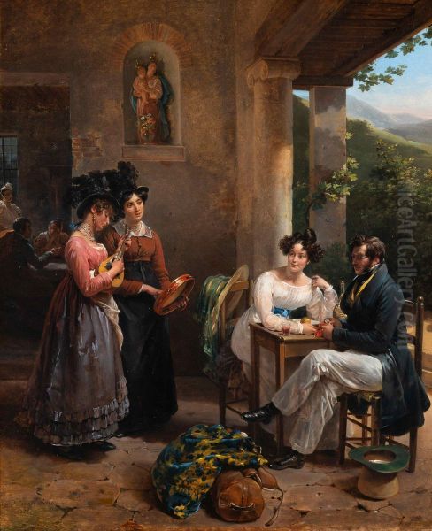 Scene dans une auberge de campagne italienne, possiblement un autoportrait de l'artiste avec son epoux en voyage de noces Oil Painting by Hortense Haudebourt-Lescot