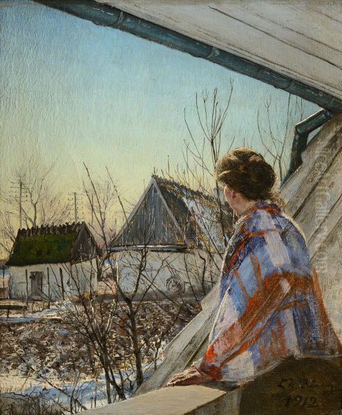 Fru  Sigrid  Ring siddende  paa et  Stenbalustre. Oil Painting by Laurits Andersen Ring