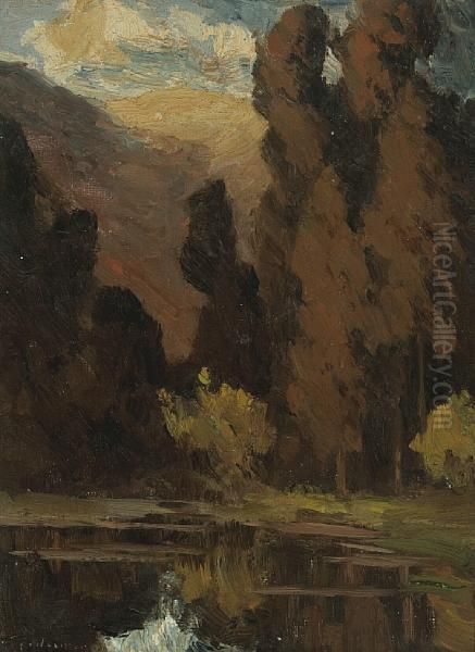 Trees Along A Reflecting Pool Oil Painting by Giuseppe Cadenasso