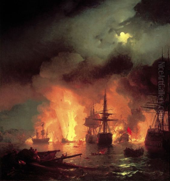 Battle of Cesme at Night Oil Painting by Ivan Aivazovsky