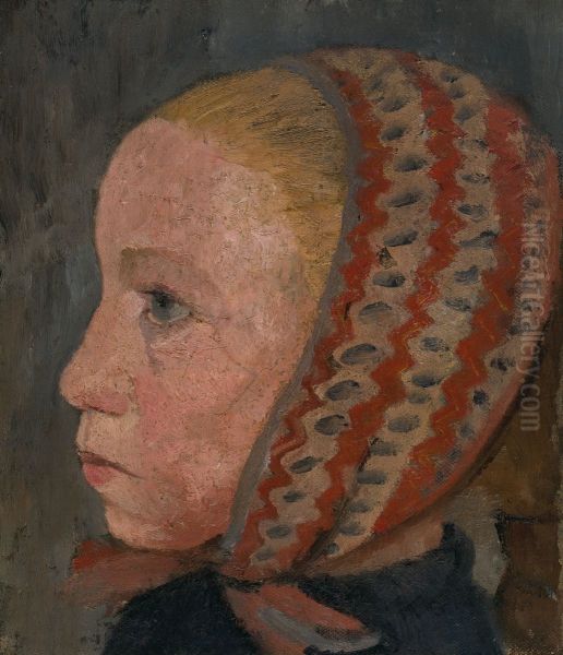 Girl's head with a striped cap in profile to the left Oil Painting by Paula Modersohn-Becker