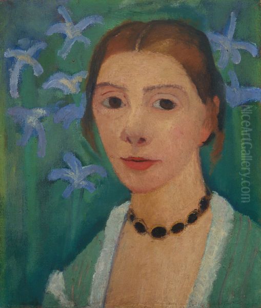 Self-portrait in front of a green background with a blue iris Oil Painting by Paula Modersohn-Becker