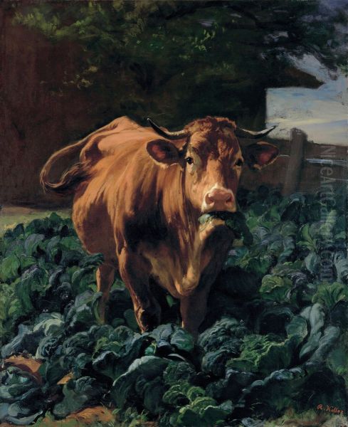 Cow in a Cabbage Field Oil Painting by Rudolf Koller