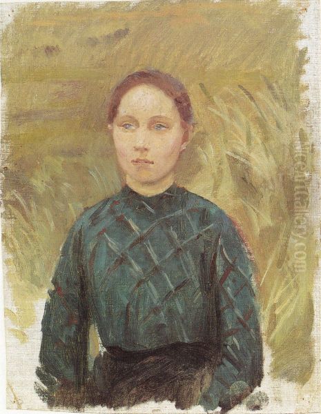 Young woman in a green dress,  sitting in the dunes Oil Painting by Anna Ancher