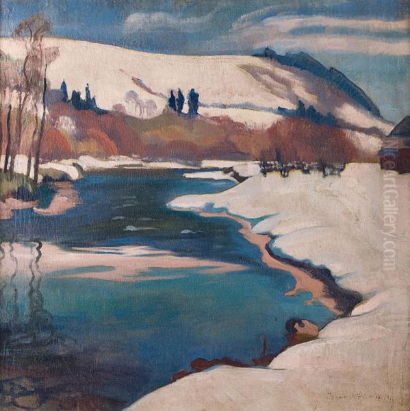 Winter landscape with a river Oil Painting by Stanislaw Ignacy Witkiewicz