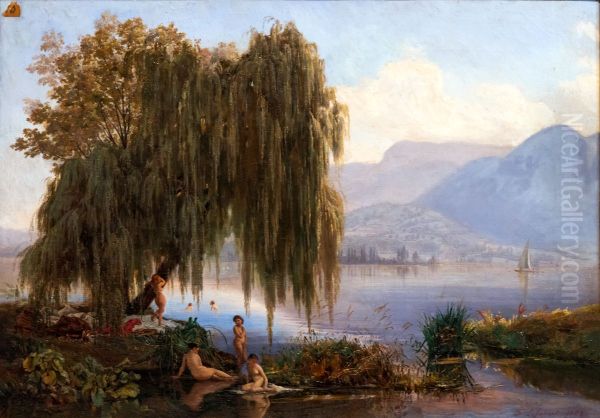 Baigneuse dans le lac d'Annecy - Firmin Salabert - Musee des Beaux-Arts de Gaillac Oil Painting by Firmin Salabert