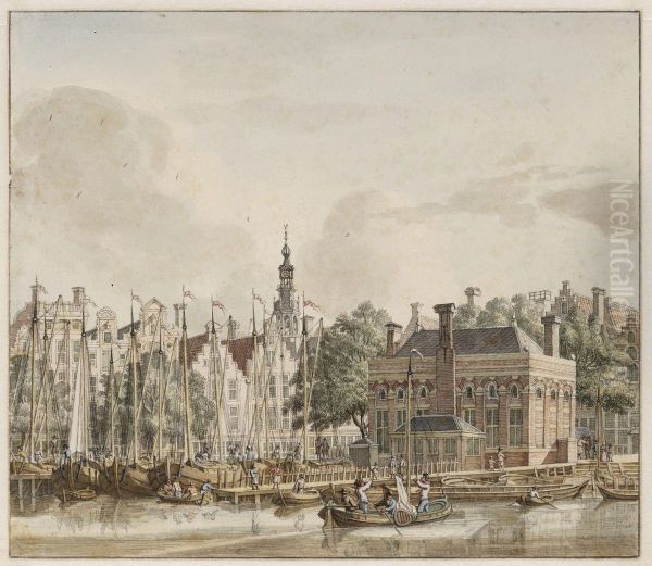 Description of Buildings Het Zeerecht on the current Prins Hendrikkade Oil Painting by Jan De Beijer