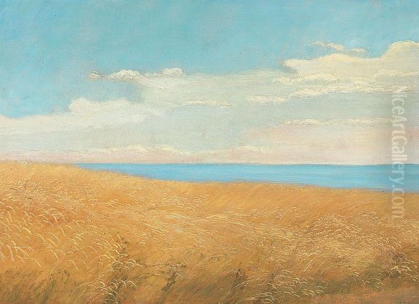 A field of rye at the bay of Aarhus. Oil Painting by Janus la Cour