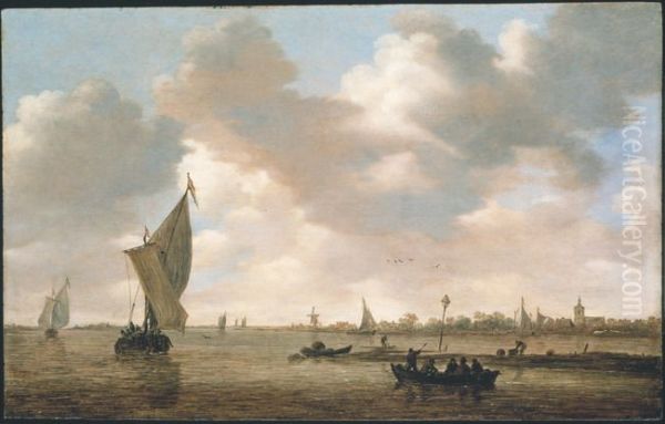 River landscape with ships near a headland Oil Painting by Jan van Goyen