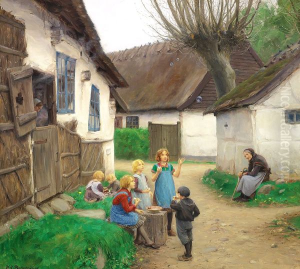 Children blowing bubbles. Oil Painting by H. A. Brendekilde