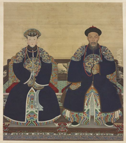 Portrait of Yinti, Prince Xun (1688-1755), and Wife Oil Painting by unknown