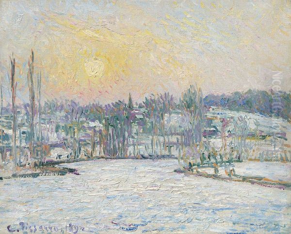 View of Bazincourt, Snow Effect, Sunset Oil Painting by Camille Pissarro