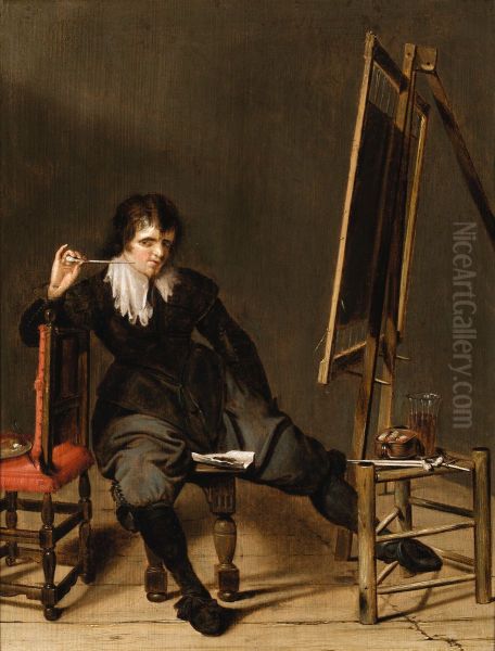 An Artist in his Studio, seated on a Stool, in front of an Easel, with a Pipe Raised to His Mouth Oil Painting by Pieter Codde