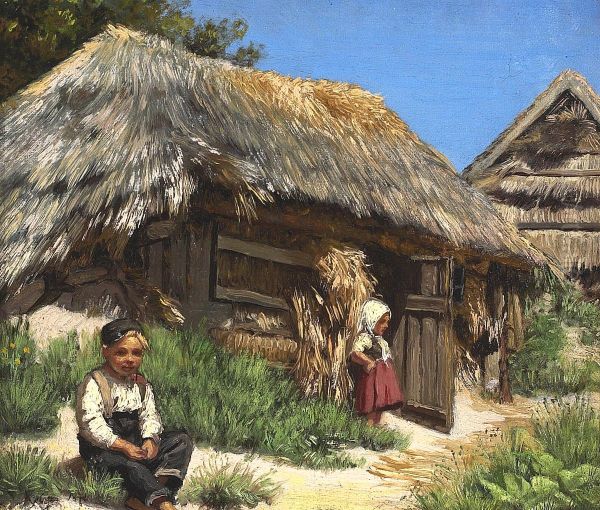 Et straataekket Hus. Sommerdag med varm blaa Luft. Staffage af et Par Born. Oil Painting by Peder Severin Kroyer