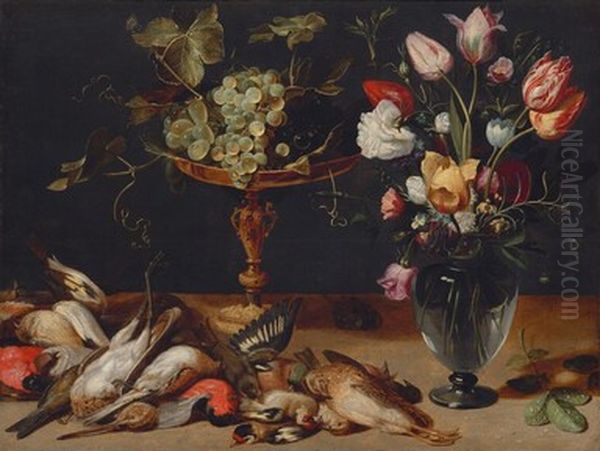 Still Life with Flowers, Grapes, and Small Game Birds Oil Painting by Frans Snyders