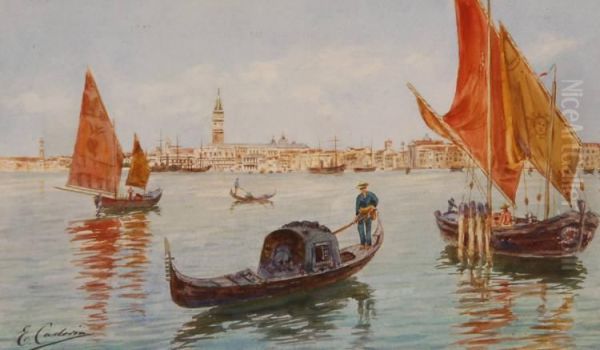 Venetian Lagoon Scene Oil Painting by Ettore Cadorin