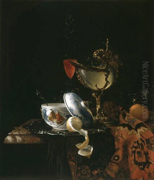 Still Life with Chinese Sugarbowl, Nautilus Cup, Glasses, and Fruit Oil Painting by Willem Kalf