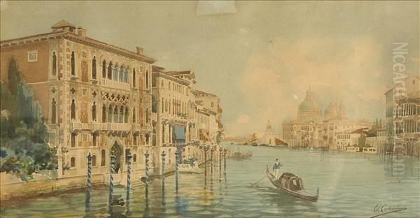 Venice,the Grand Canal With Santa Maria Della Salute Oil Painting by Ettore Cadorin