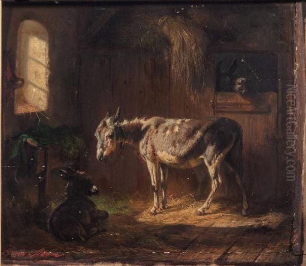 Donkeys in Stable Oil Painting by Benno Adam