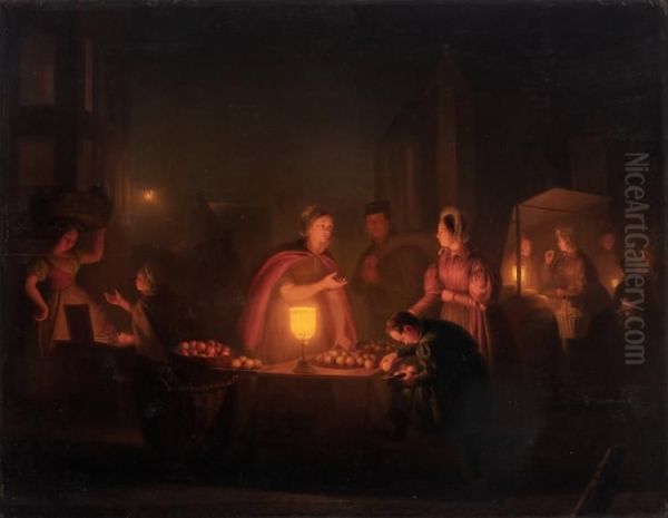 Rotterdam, Fruit Market at Night Oil Painting by Petrus van Schendel