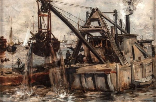 Dredging in the River Oil Painting by John Henry Twachtman