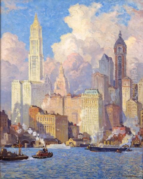 Hudson River Waterfront, New York City Oil Painting by Colin Campbell Cooper