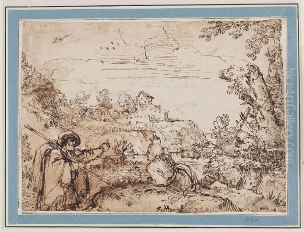 Landscape with Two Men in the Foreground Oil Painting by Annibale Carracci