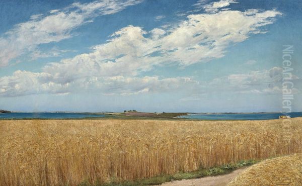 Sommerdag pa Eno. En mark med modent korn i forgrunden Oil Painting by Laurits Andersen Ring