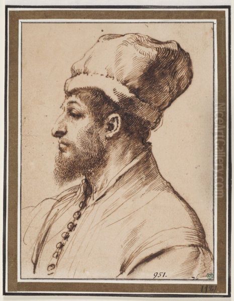 Bearded Man with a Hat, in Profile to Left Oil Painting by Guercino