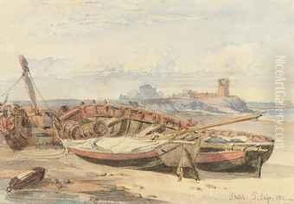 Le Hurel Tower, With Jersey Fishing Boats Lying On The Beach Oil Painting by Thomas Watt Cafe