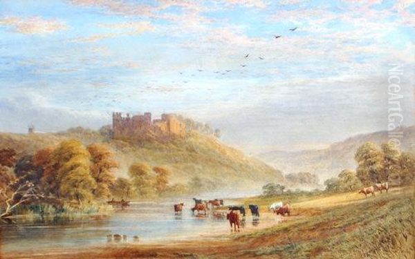 Ludlow Castle, Shropshire With Cattle Watering In The Foreground Oil Painting by Thomas Watt Cafe