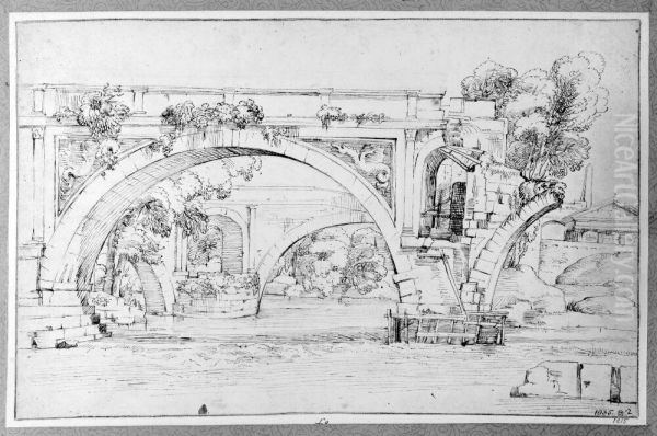 View of a Ruined Bridge, Temple and Obelisk to Right Oil Painting by Giovanni Francesco Grimaldi