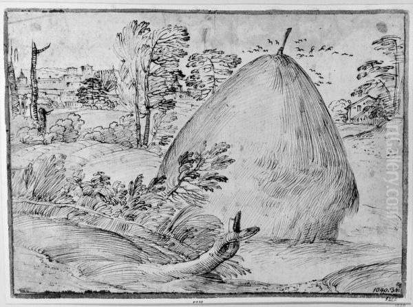 Landscape with Haystack Oil Painting by Giovanni Francesco Grimaldi