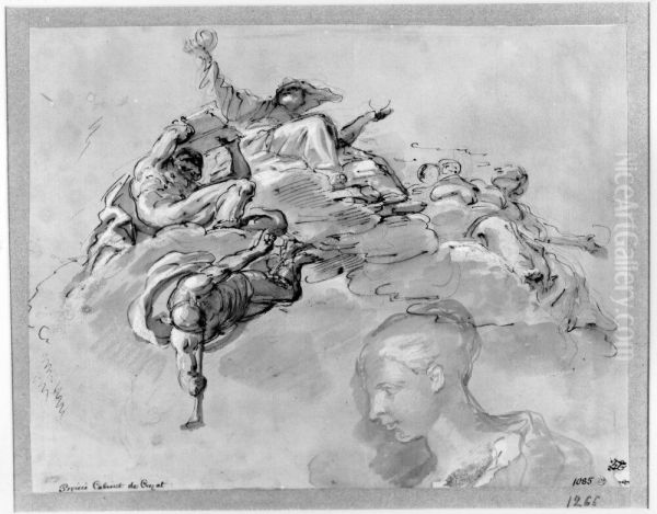 Study for ceiling decoration, below a head of a woman, profile left Oil Painting by Domenico Maria Canuti