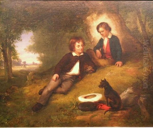 Two Young Boys In A Forest Clearing Examining A Bird's Nest Oil Painting by James Henry Cafferty