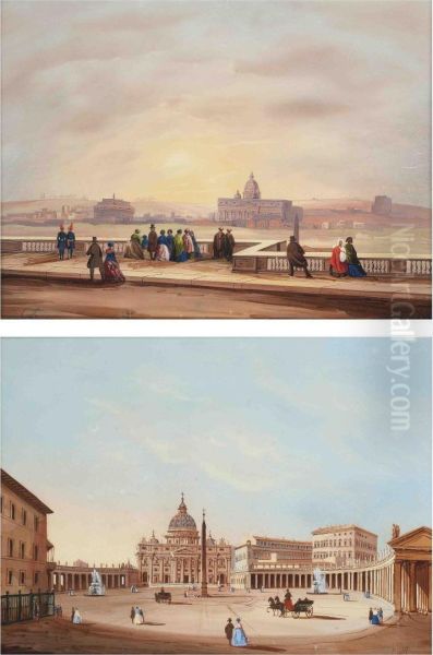 Rome From The Pincio; And St. Peter's Square Oil Painting by Ippolito Caffi